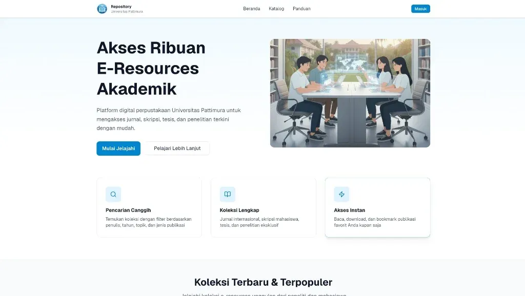 Repository Universitas Pattimura homepage with e-resources hero, explore actions, and feature highlights